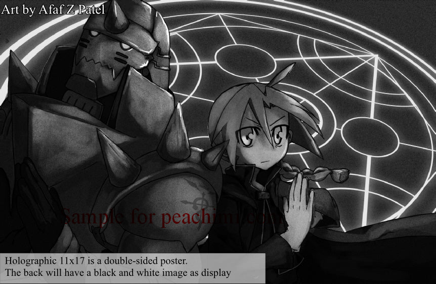 Black and white back side of the Elric Brothers poster, Al and Ed before a transmutation circle