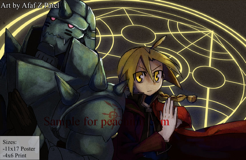 Fullmetal Alchemist poster of Alphonse in armor and Edward before a glowing transmutation circle