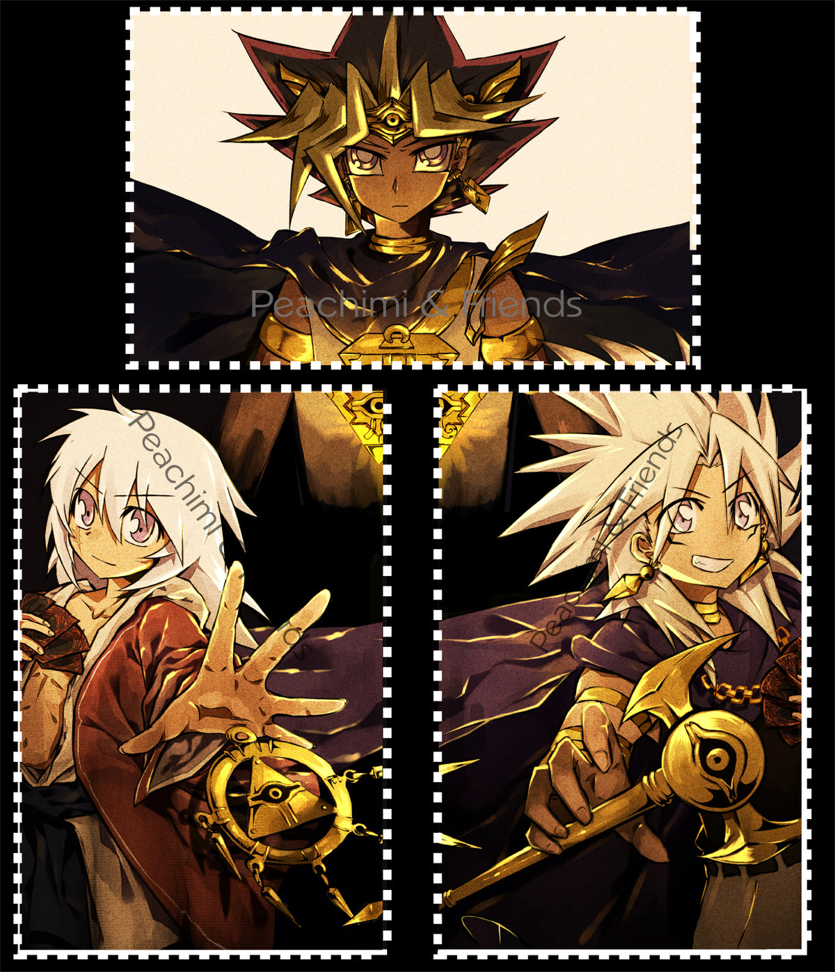 Three Yu-Gi-Oh! posters: Pharaoh Atem above, Yami Bakura and Yami Marik below
