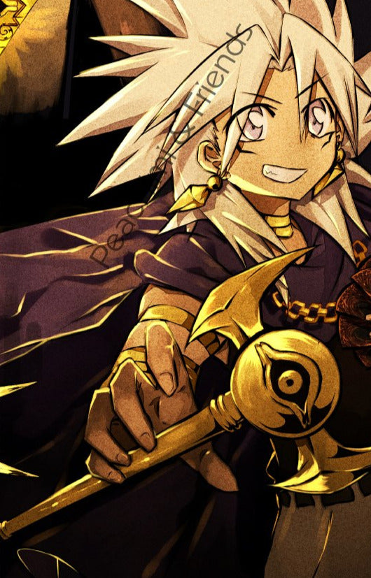 Yu-Gi-Oh! poster of Yami Marik grinning with the gold Millennium Rod on black