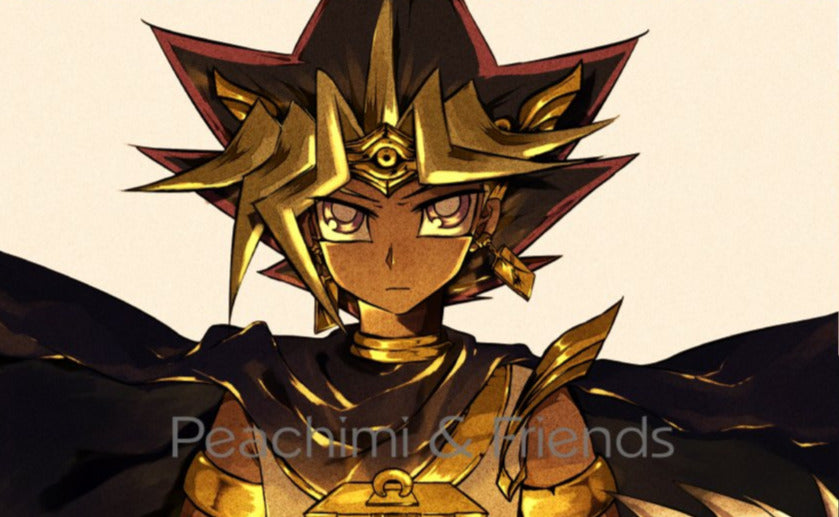 Yu-Gi-Oh! poster of Pharaoh Atem in a golden crown and dark cape, cream background