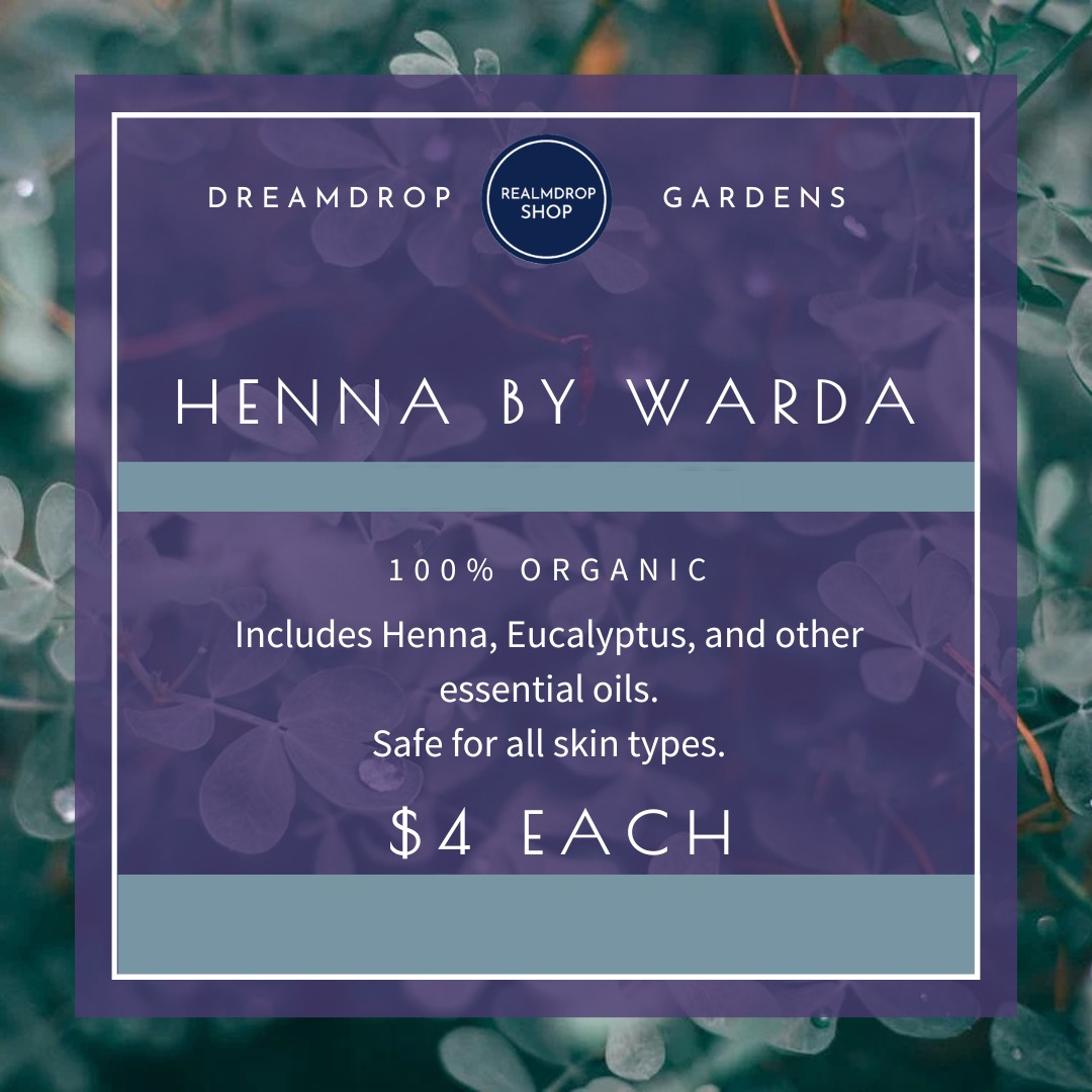 Purple card for organic henna cones with eucalyptus and essential oils, 4 dollars each
