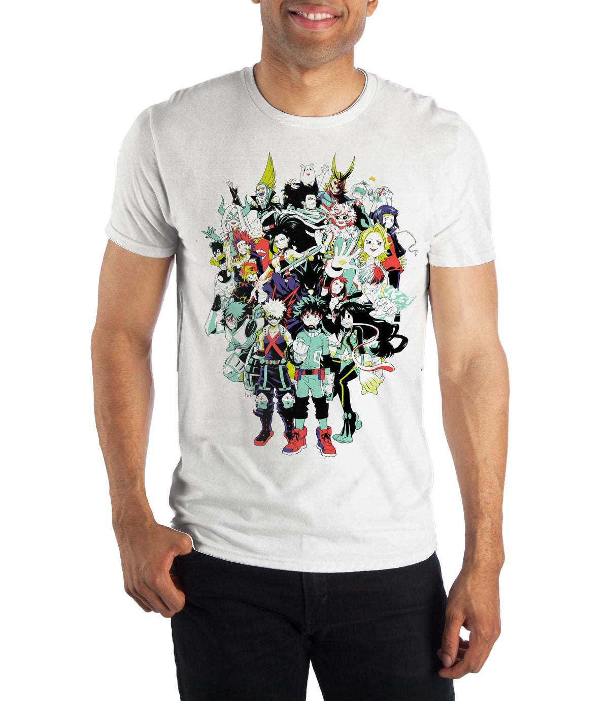 Man wearing a white My Hero Academia tee printed with Deku, Bakugo and the class 1-A cast