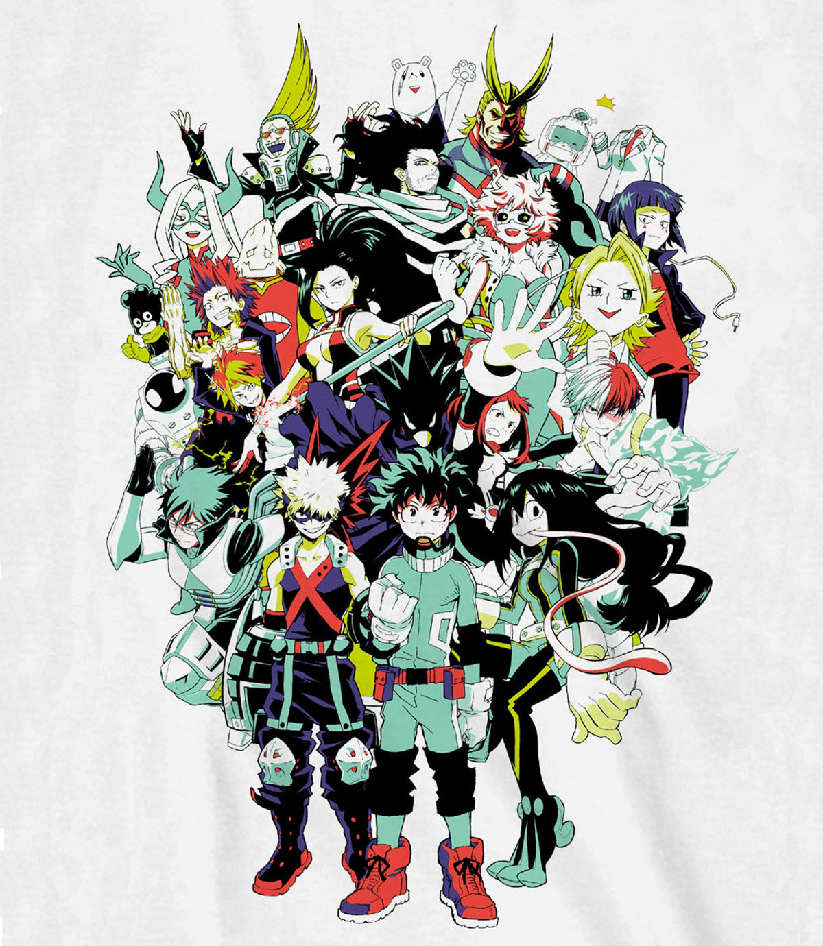Close-up of the My Hero Academia group print with Deku, Bakugo, Tsuyu and All Might