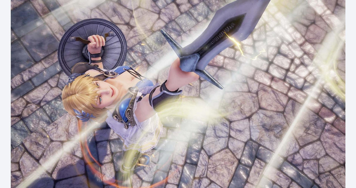 SoulCalibur VI screenshot, overhead view of Sophitia raising her sword on stone tiles