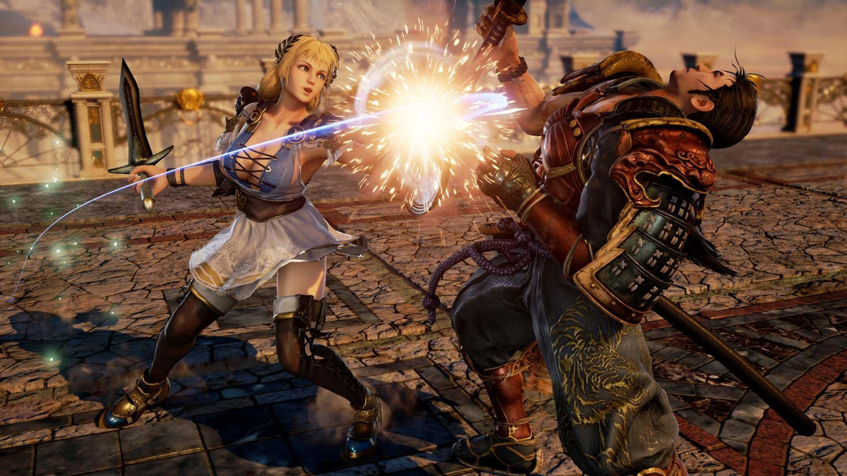 SoulCalibur VI screenshot, Sophitia landing a sparking hit that knocks Mitsurugi back