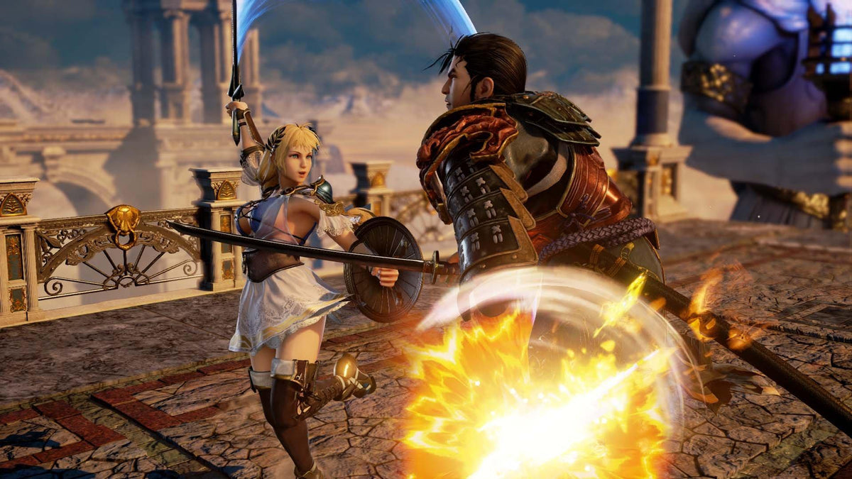 SoulCalibur VI screenshot, Sophitia leaping with a raised sword at Mitsurugi on a bridge