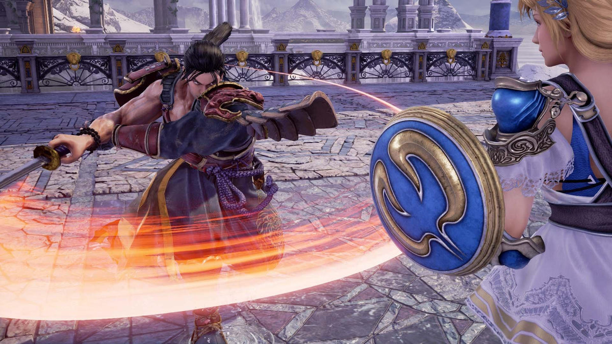 SoulCalibur VI screenshot, Mitsurugi swinging a flaming katana at Sophitia's blue shield