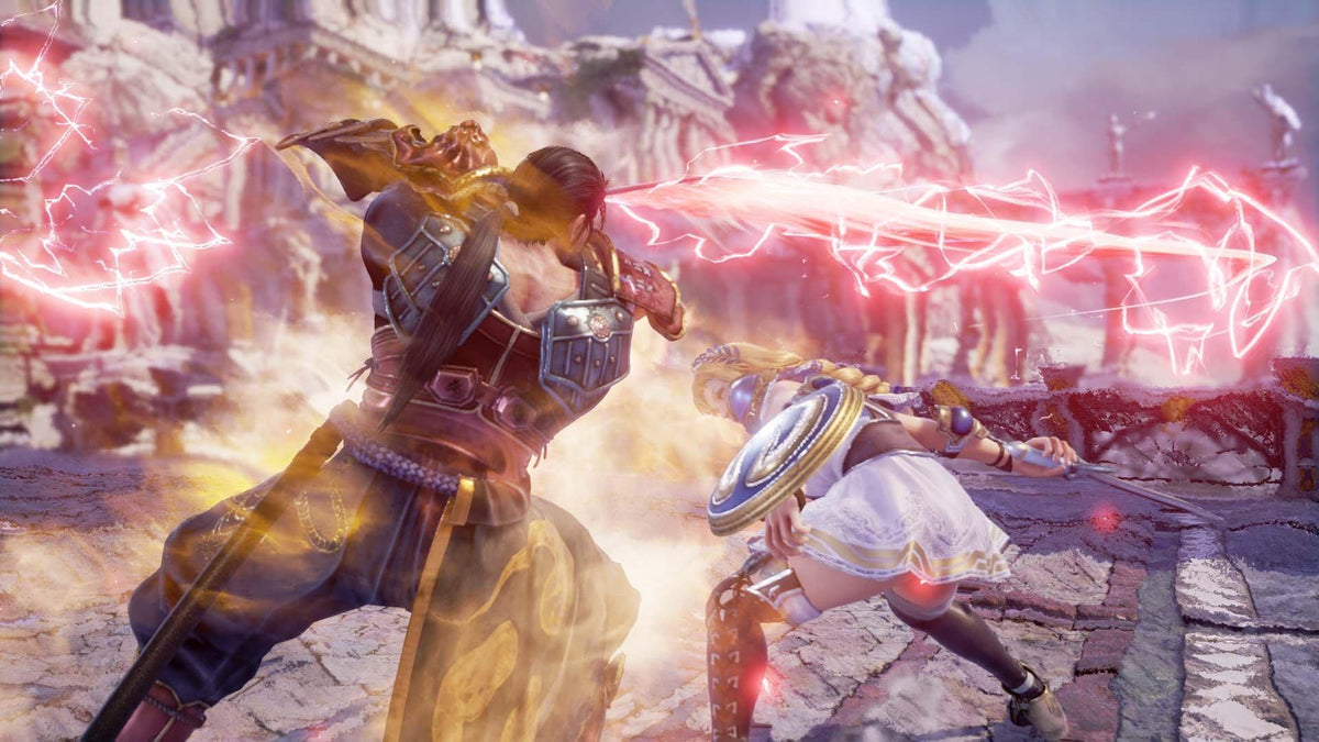 SoulCalibur VI screenshot, Mitsurugi slashing as Sophitia ducks behind her shield