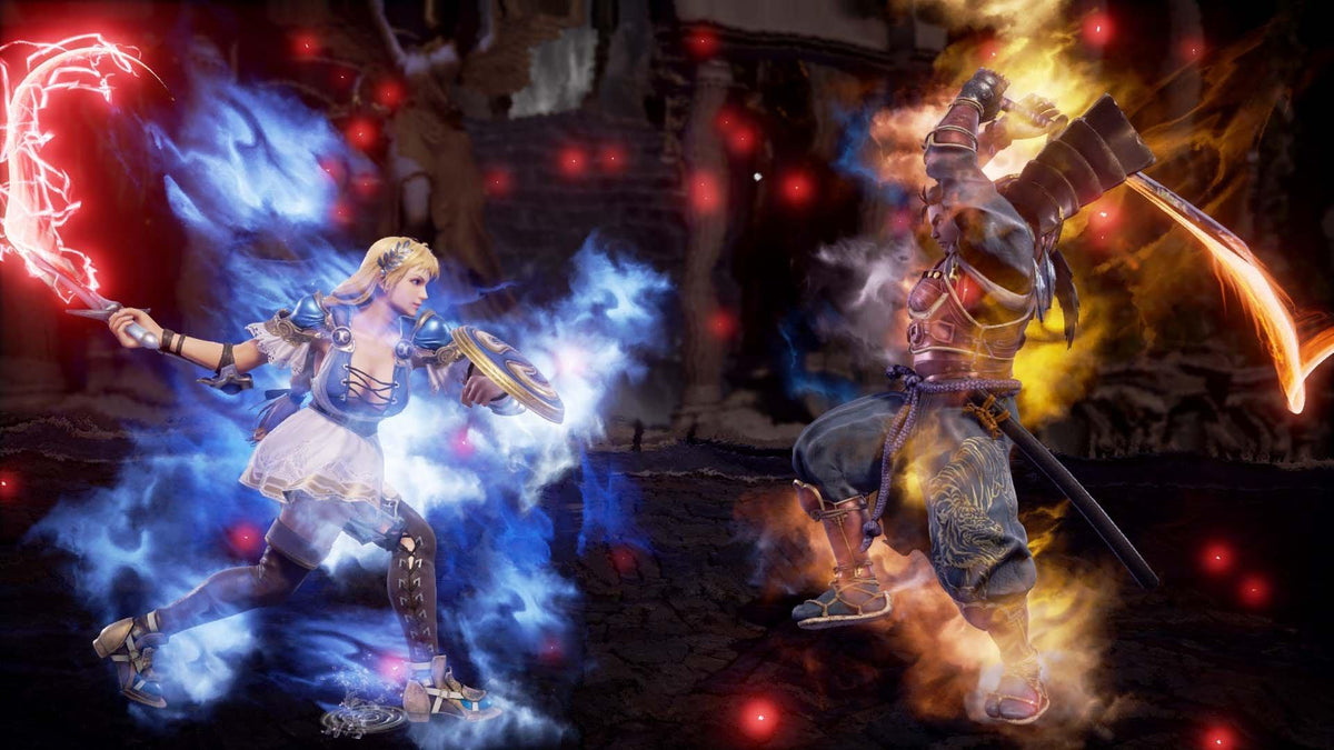 SoulCalibur VI screenshot, Sophitia with sword and shield facing Mitsurugi in fire and blue aura