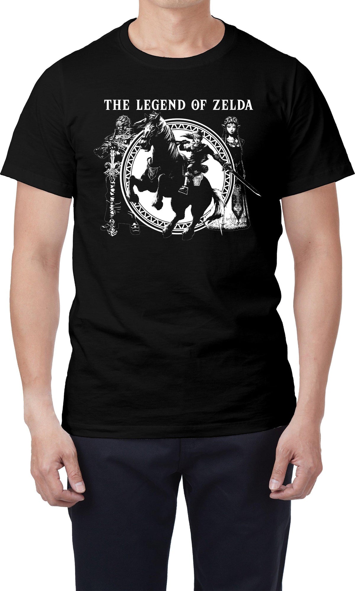Man wearing a black Zelda tee with Link riding Epona between Ganondorf and Zelda