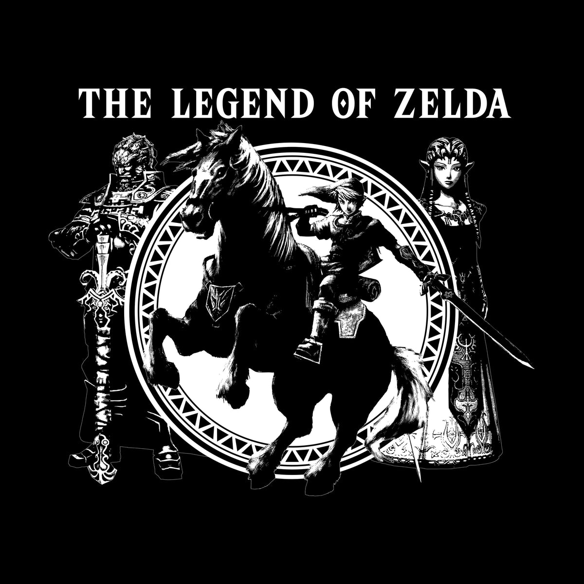 Close-up of the white Zelda print: Link on Epona in a circle, Ganondorf and Zelda beside