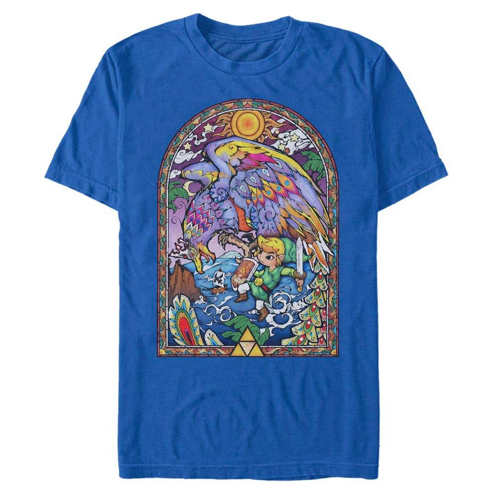 Royal blue Zelda tee with a Wind Waker stained-glass print of Link fighting a giant bird