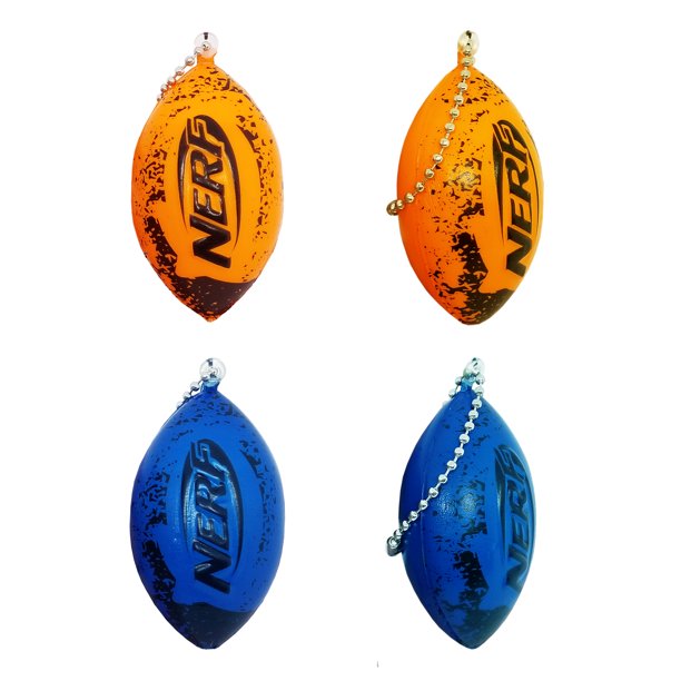 Four Nerf squishy mini football keychains, two orange and two blue, on bead chains