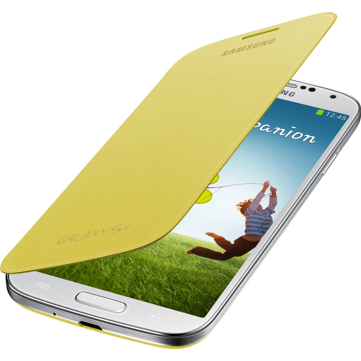Yellow flip cover opening on a white Galaxy S4 showing the home screen