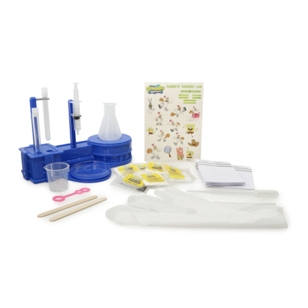 Sandy's Science Lab contents: blue lab stand, flask, test tubes, syringe, gloves and powders