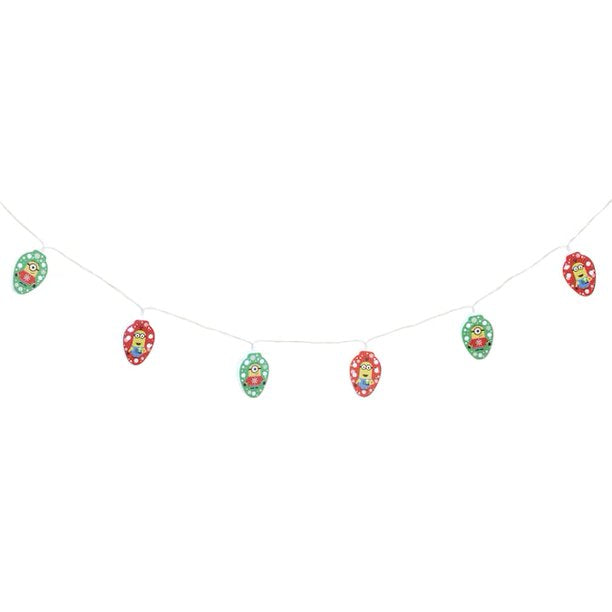 Full string of red and green Minions holiday lights hanging in a curve