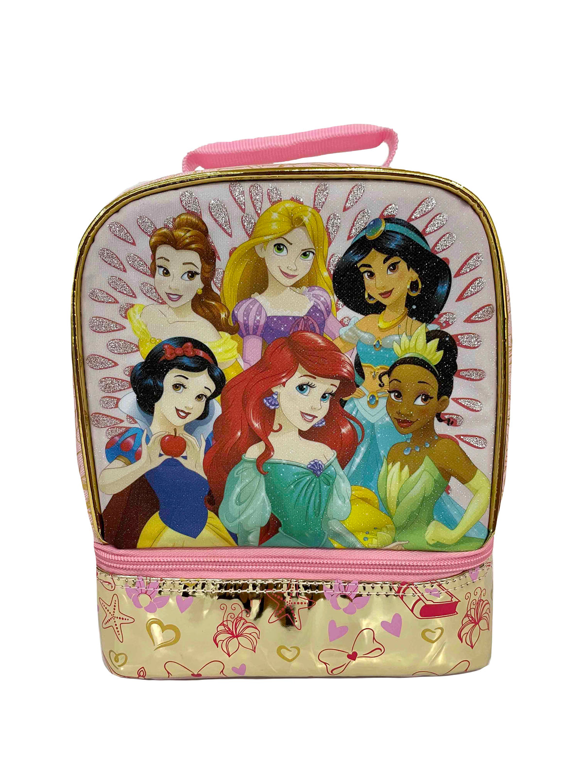Pink and gold Disney Princess lunch bag with Belle, Rapunzel, Jasmine, Snow White, Ariel and Tiana