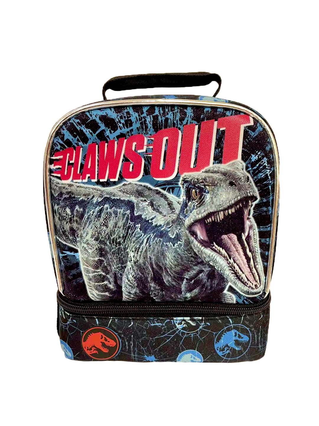 Black and blue Jurassic World lunch bag with a roaring raptor and Claws Out lettering