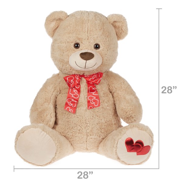 Tan teddy bear with sizing arrows: 28 inches tall and 28 inches wide