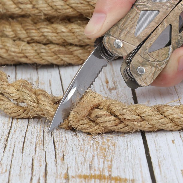 Camo multi-tool's serrated blade cutting thick jute rope