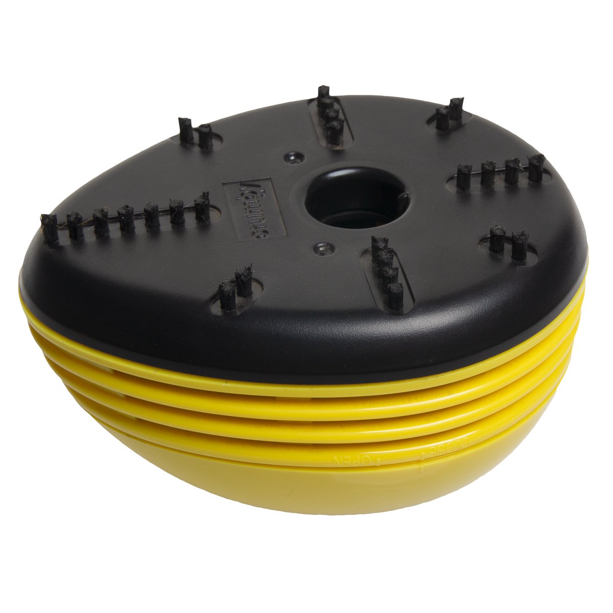 Underside of the yellow Crumby mini vacuum with black base, brush tufts and suction hole