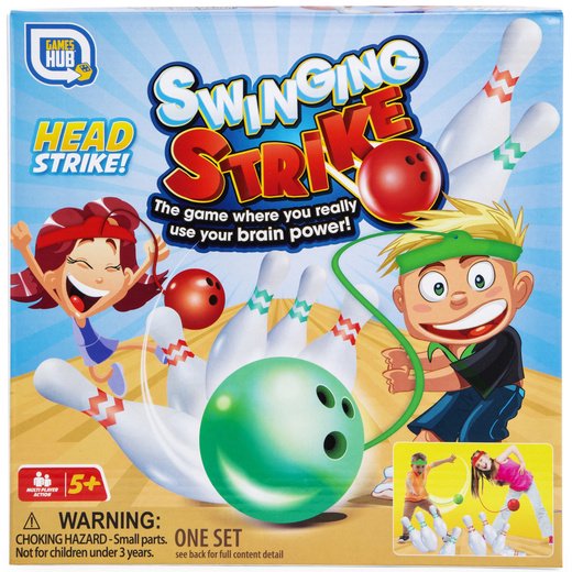 Swinging Strike head-bowling game box with cartoon kids and pins