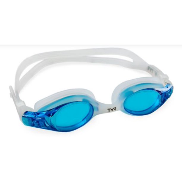TYR kids swim goggles with blue lenses and a clear adjustable silicone strap
