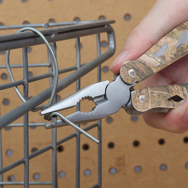 Multi-tool needle-nose pliers bending wire on a metal rack