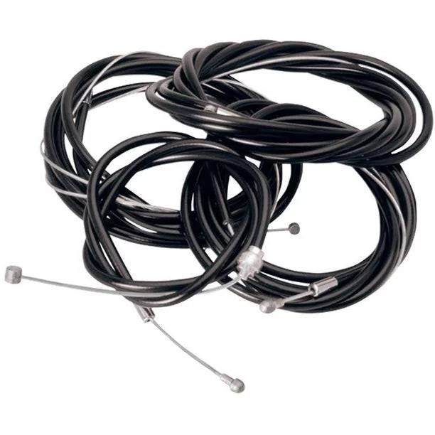 Coiled black bicycle brake and gear cables with steel inner wires