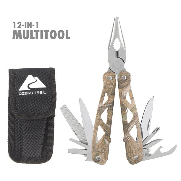 Camo Ozark Trail multi-tool open beside its black nylon sheath