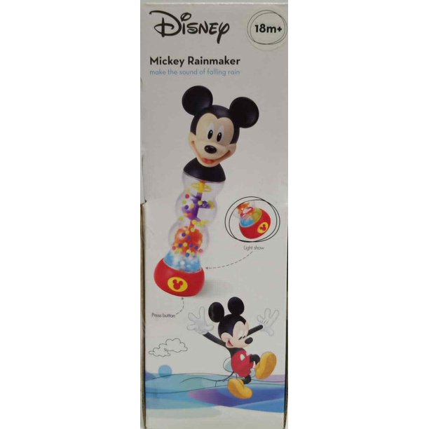 Side of the Mickey Rainmaker box showing the light show and press button, 18m+