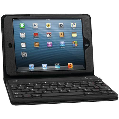 Black folio case holding an iPad mini with a Bluetooth keyboard in front
