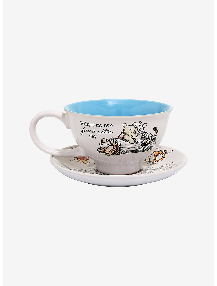 Winnie the Pooh teacup with blue interior and Today is my new favorite day sketch art