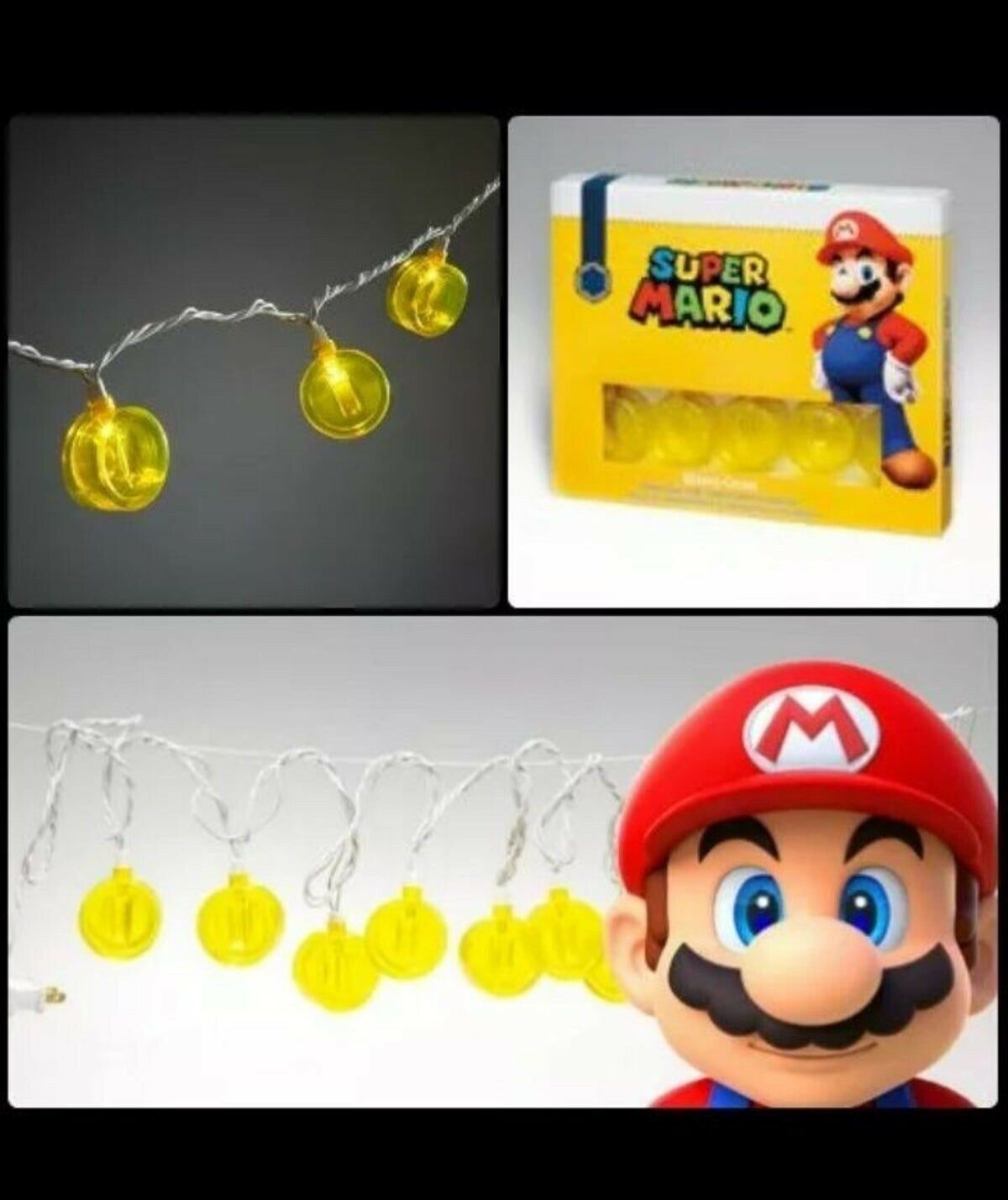 Super Mario yellow coin string lights shown lit, in their box and hung with Mario