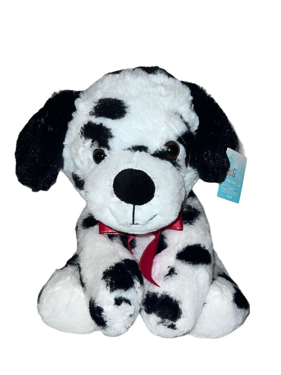 Puppy Hug Me Sitting Black And White Dog W/ Red Bow Stuffed Plush age 3+