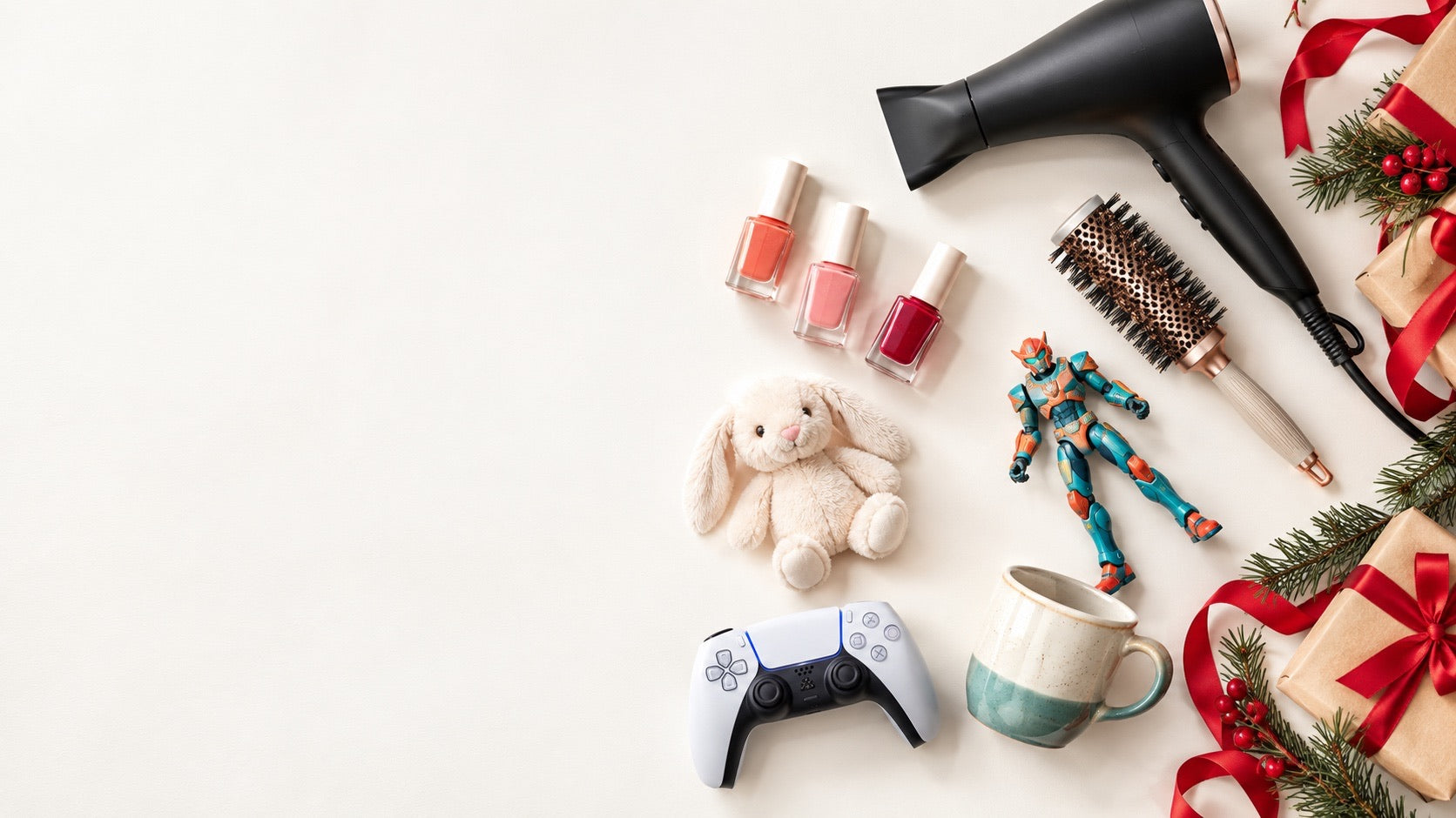 Beauty, toy, gaming and home gifts laid out with wrapped presents and pine